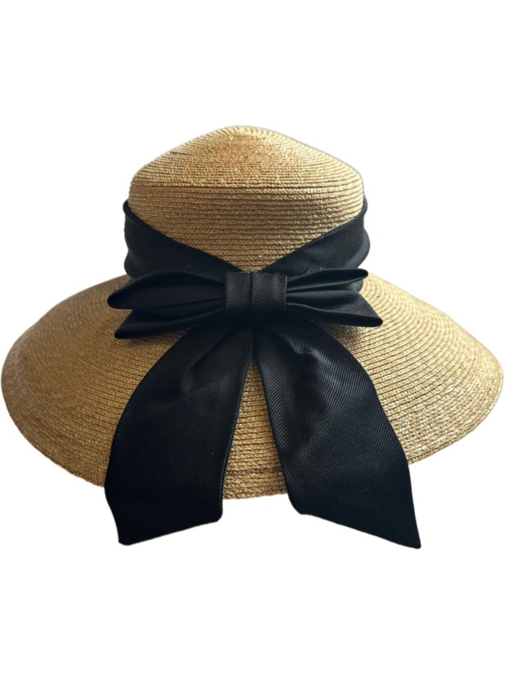 Callahan Women’s Large Brim Straw Hat Black Bow Cottagecore Farm Boho M 7 1/8